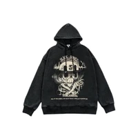 2021 autumn and winter hot sale black american high street hip hop retro distressed hooded sweater male skull print