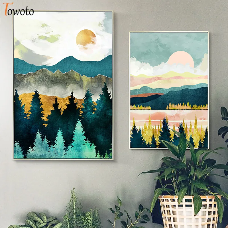 Абстрактный пейзаж холст живопись Постер для дома печать акварель лес закат