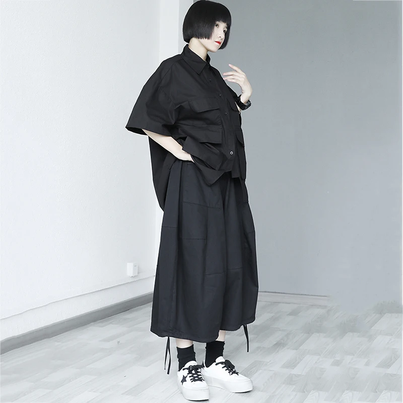 

[EAM] High Elastic Waist Black Wide Leg Strap Casual Trousers New Loose Fit Pants Women Fashion Tide Spring Autumn 2021 1DD7634