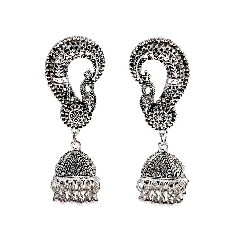 HXE229-5 Ретро Женский Индийский Болливуд павлин Jhumka Jhumki Серебряный Большой колокольчик Длинная кисточка Висячие серьги цыганский Египетский племенной ювелирные изделия подарки - Окраска металла: HXE229-5