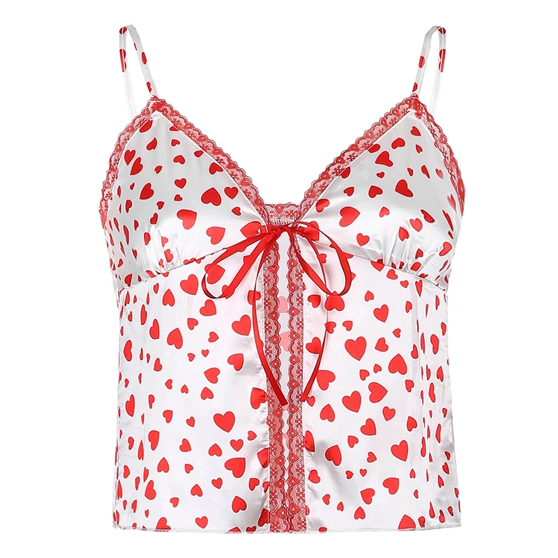 

Kawaii Crop Top Y2k Aesthetic Heart Print Tanks Sexy V-neck Lace Up Cute Summer Clothes for Women 2021 Lace Edge Camis Vacation