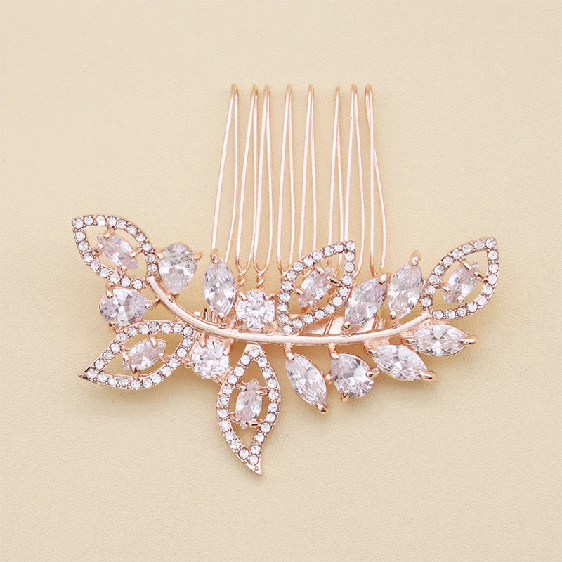 Розовое золото цвет гребень для волос в виде листьев зажим горный хрусталь