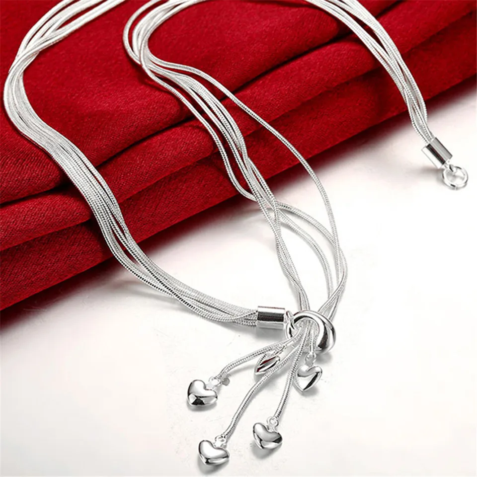 

New Luxury 925 Sterling Silver Long Tassel Heart Pendant Necklace Five Heart Necklaces For Women Fashion Jewelry Gift