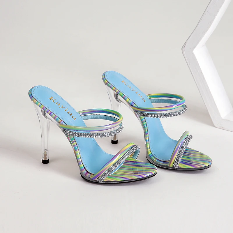 

Square Toe High-Heeled Shoes Lady Med Multicolored Sandals Ladies' Slippers Slipers Women Cross-Tied 2021 Thin Rubber PU Rome