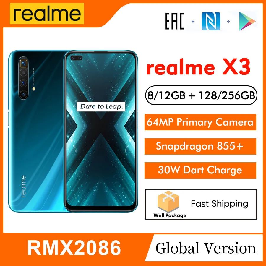 Смартфон realme X3 RMX2086 экран 6 дюйма FHD + 128 ГБ ОЗУ 256 Гб ПЗУ 64 мп Snapdragon 855 120 Гц 60X SuperZoom 4200
