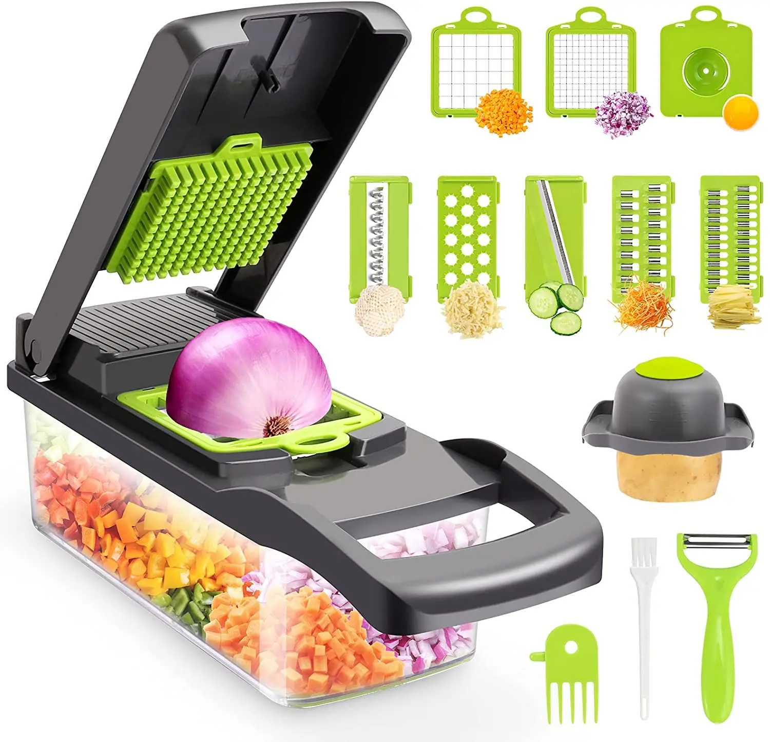 

Multifunctional vegetable cutter, fruit slicer, drain basket slicer, 13 in 1 grater, garlic press, peeler, kitchen accessories