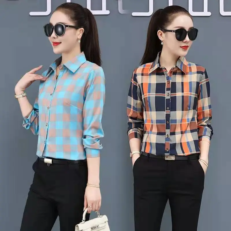 

2021 New Korean Style Women's Blouse Spring Summer Plaid Shirt Women Chic Turn-down Collar Design Slim Base Shirt Female Clothes