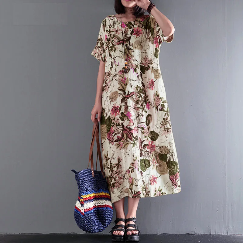 

2020 Summer New Hot-selling Women's Mid-length Mid-sleeve Cotton and Linen Printed Dress Plus Size