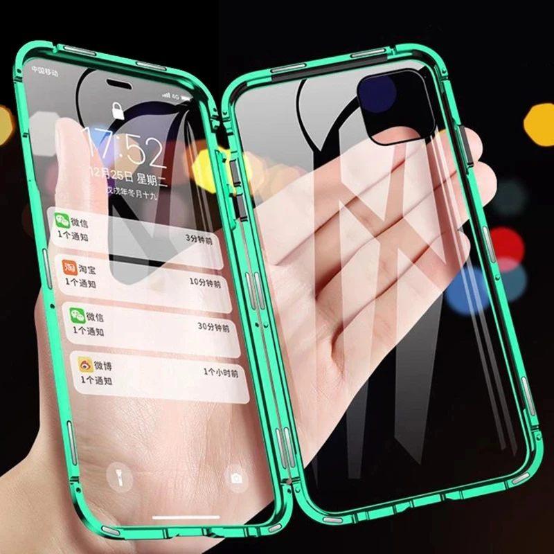 

Metal Magnetic Adsorption Phone Case For iPhone 13 12 11 Pro Max Mini XS X XR 7 8 6 6s Plus SE 2020 360 Double-Sided Glass Cover