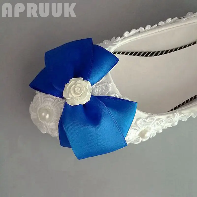 Wedges 3CM tiny heel white lace wedding shoes bride handmade luxury flower pearls royal blue bow bridal brides woman | Обувь