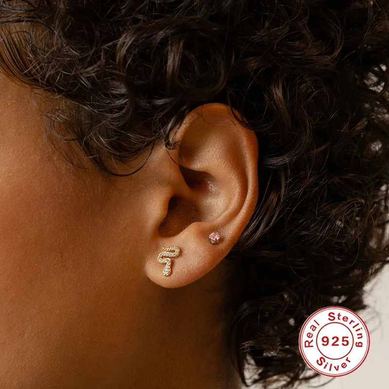 S925 циркон серьги в виде змеи реального 925 стерлингового серебра плата гвоздики