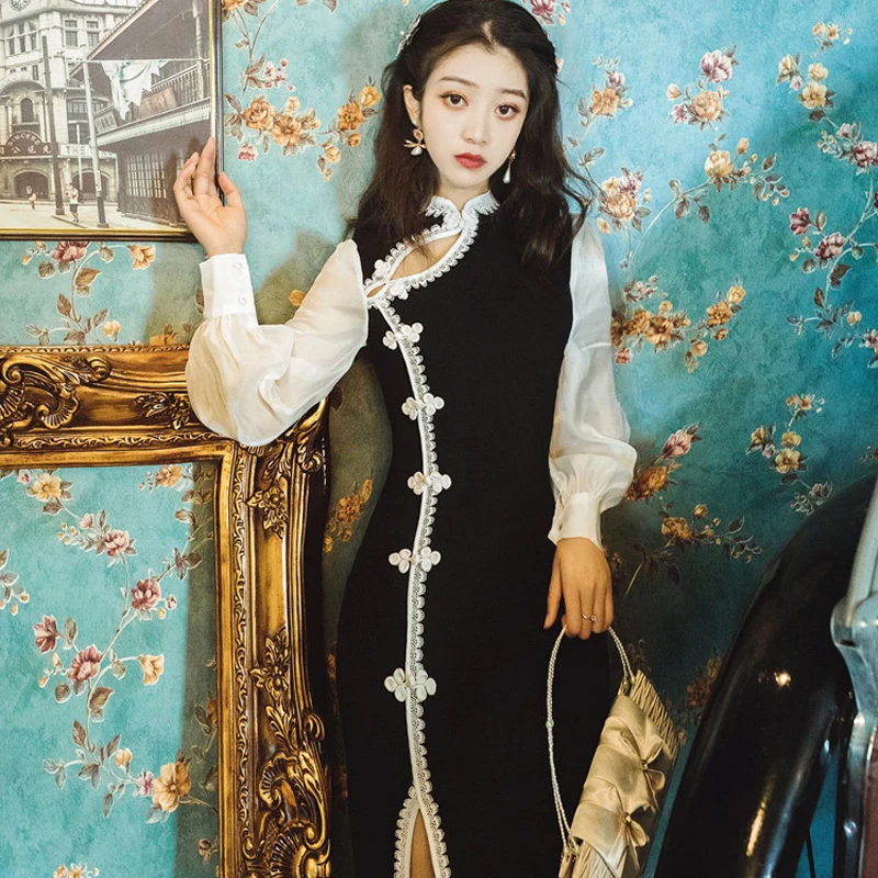 

Women Hanfu Dress Chinese Style Elegant Retro Long Skirt For Women Improved Cheongsam Classical Dance Stage Costumes DQL3102
