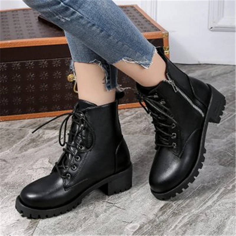 

Autumn winter new female leather boot, high top female fashion ankle boot, female black leather boot tide shoe cool female shoe