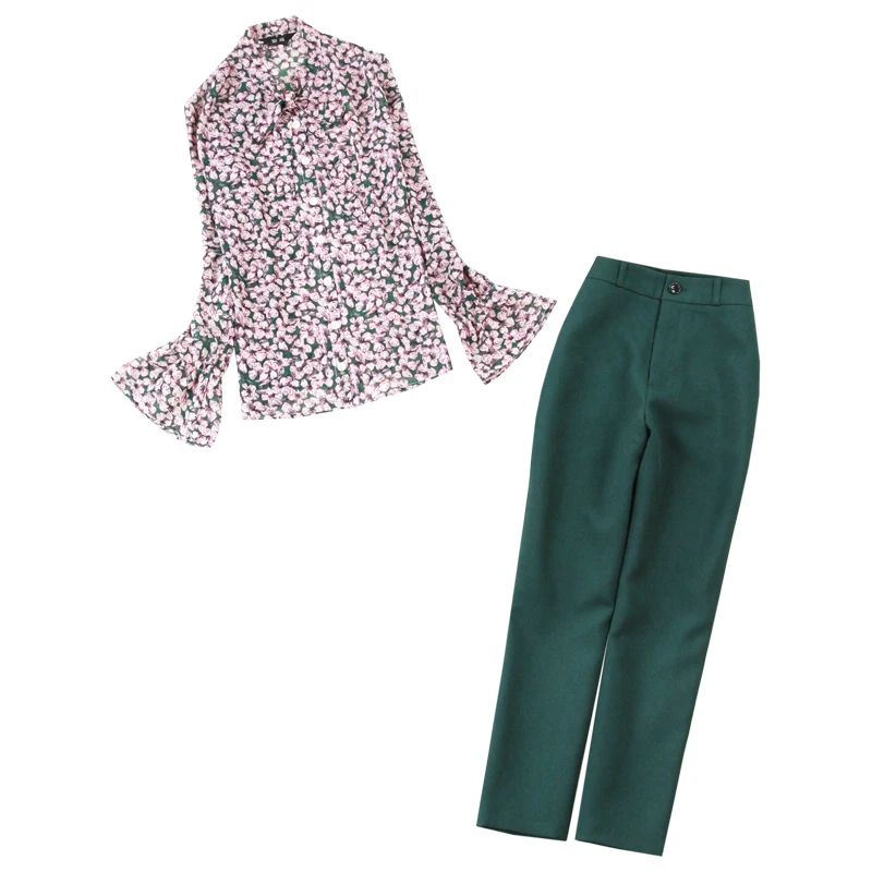 

2 piece set women skirt suit chiffon long-sleeved bow-neck shirt + 9 points small straight pants OLwomen two piece outfits