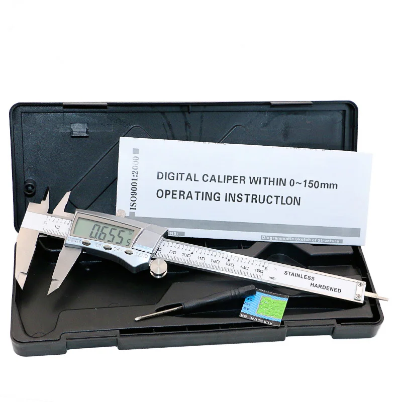 caliper with box Нержавеющая сталь 150 мм 6 дюймов цифровой Электронный штангенциркуль металлический электронный цифровой штангенциркуль инструмент измерения микрометр - Цвет: caliper with box
