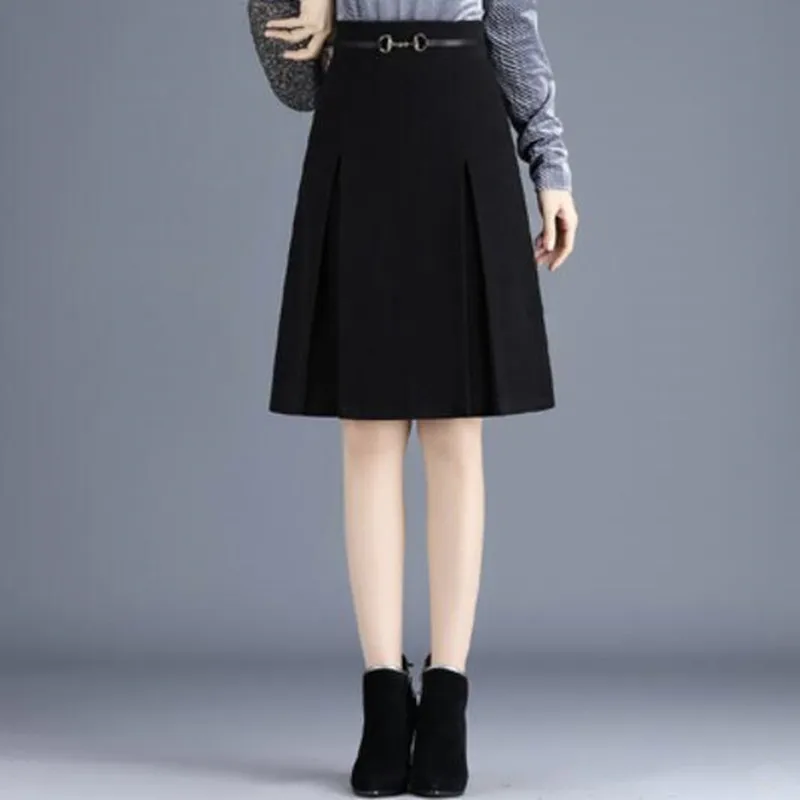 

Зимние шерстяные юбки для женщин, женская винтажная Повседневная трапециевидная юбка, женские осенние шерстяные юбки с высокой талией, офи...
