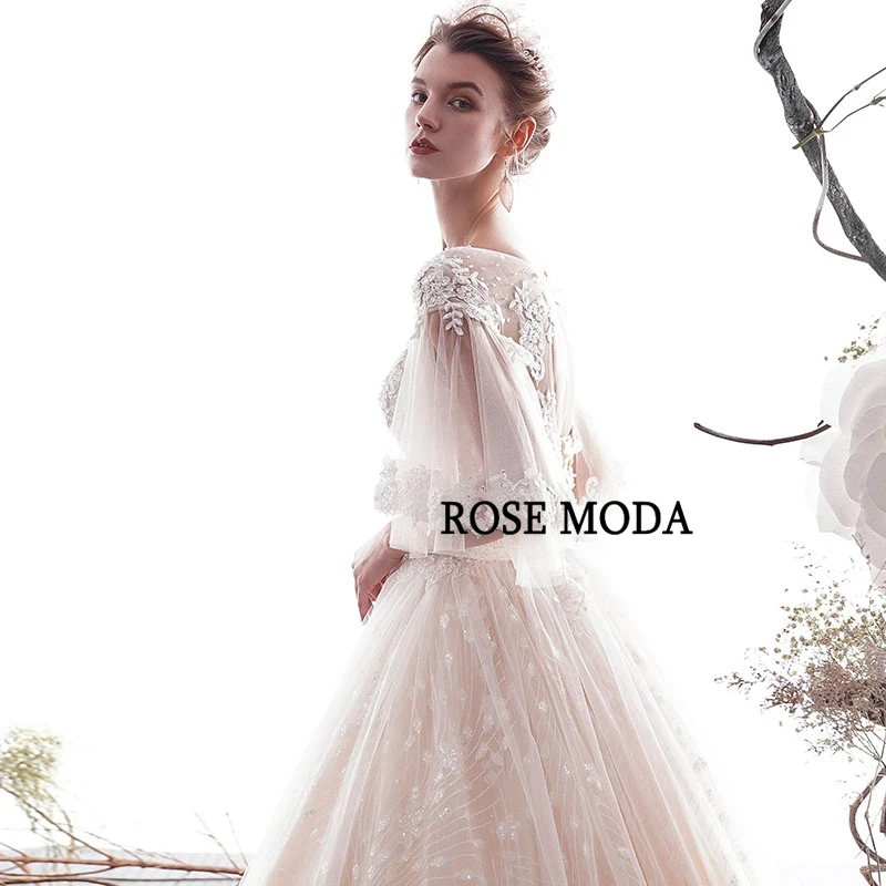 

Rose Moda Glittering Long Sleeves Wedding Dress Backless Lace Ball Gown with Beadings Lace Up Back