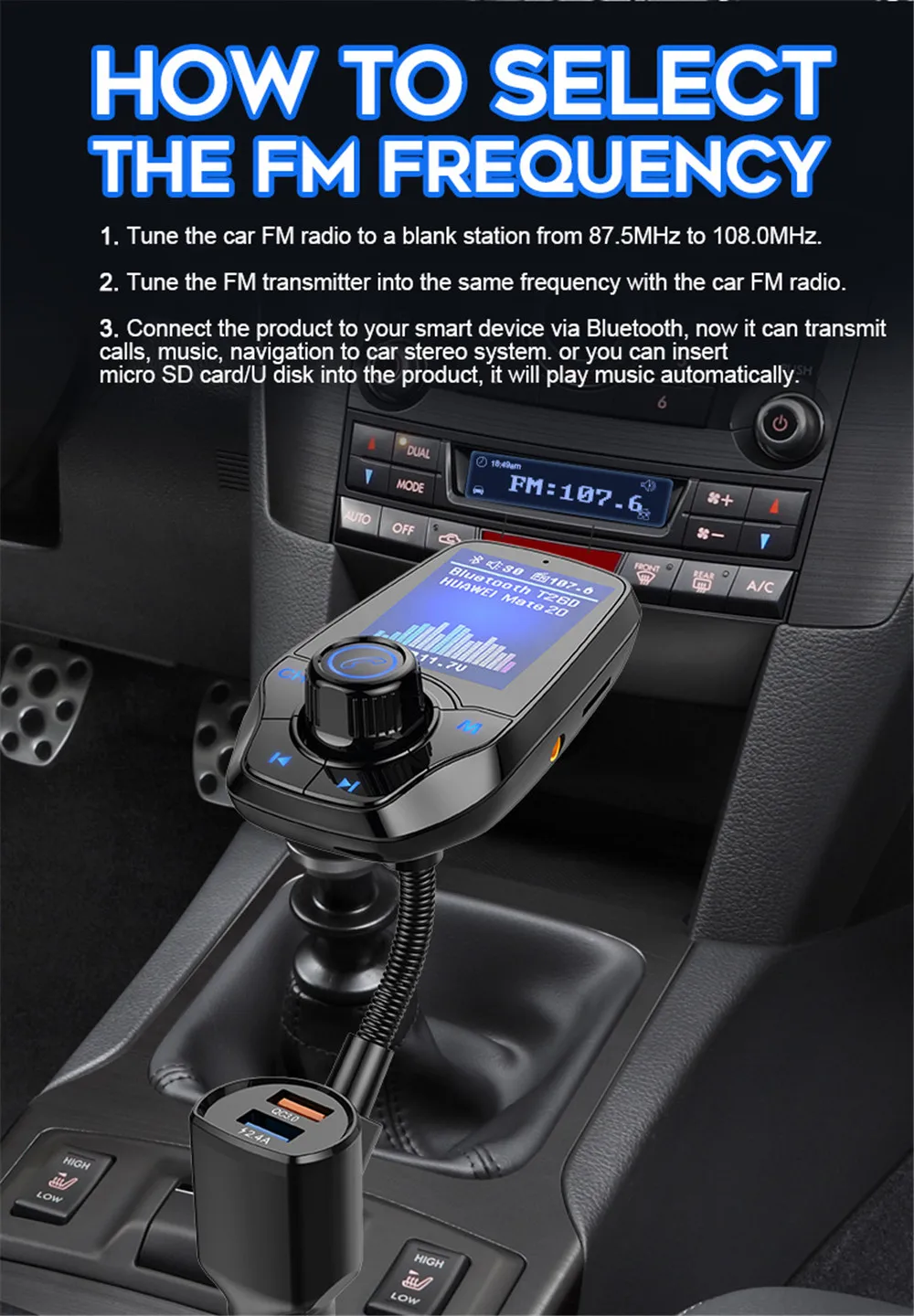Автомобильный Bluetooth fm-передатчик без рук MP3-плеер цветной большой экран пусковой приемник QC3.0 Bluetooth радио передатчик T26D