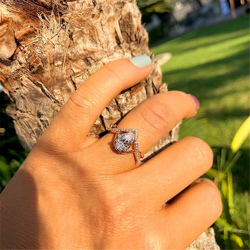 

Cute Female Water Drop Thin Ring Rose Gold Silver Color Wedding Rings For Women Promise White Crystal Engagement Ring