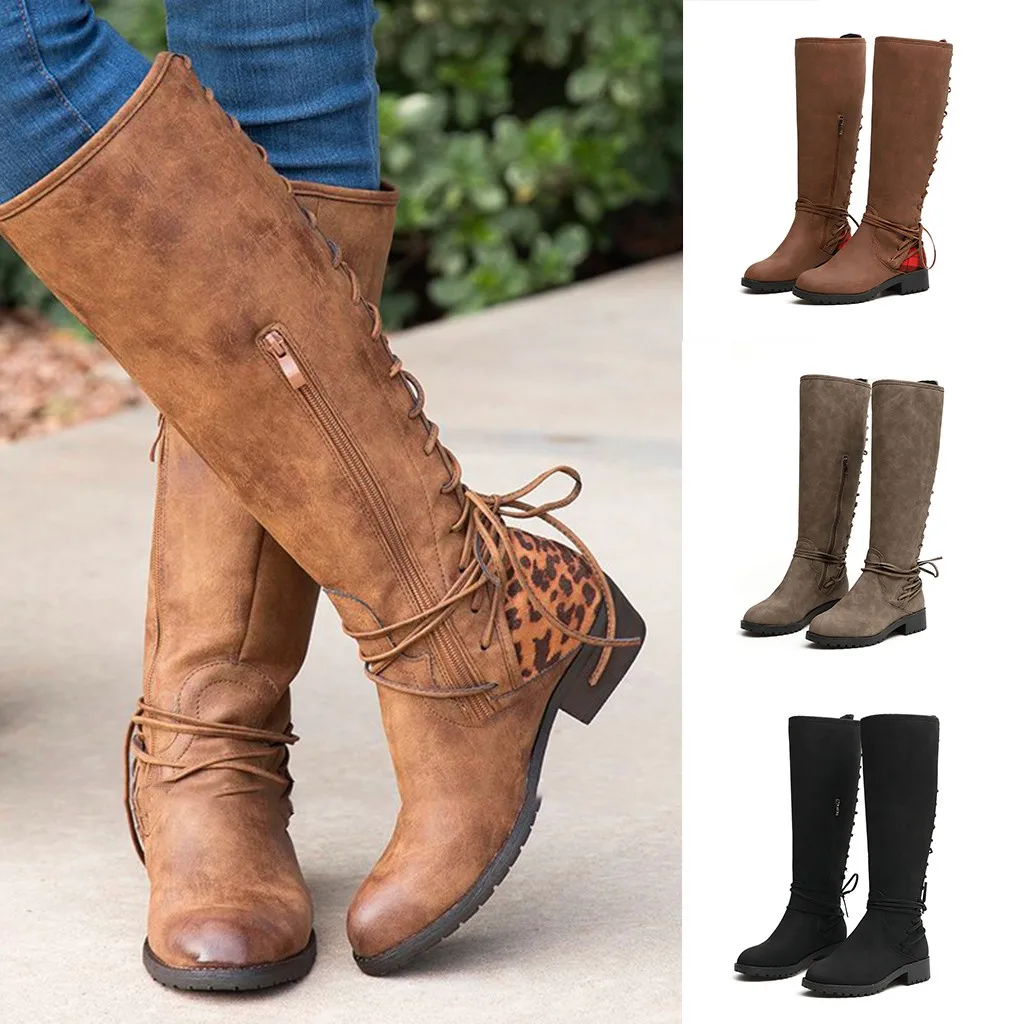 Женские ботинки женские модные высокие с леопардовым принтом и перекрестной