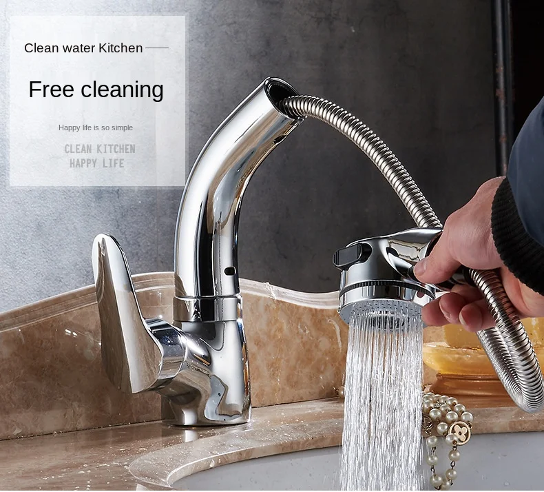 

Bathroom Faucet Sink Silver Single Handle Pull Out Kitchen Gold Faucet Single Hole Handle Rotate 360 Degree Water Mixer Vanity