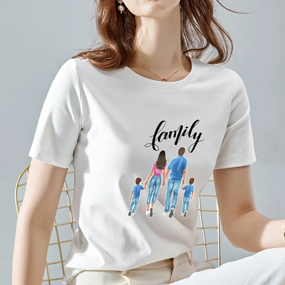 

Street Women's Daily Cartoon Family Pattern Printing Round Neck Personality Casual Slim Basic Short-sleeved Commuter Ladies Top