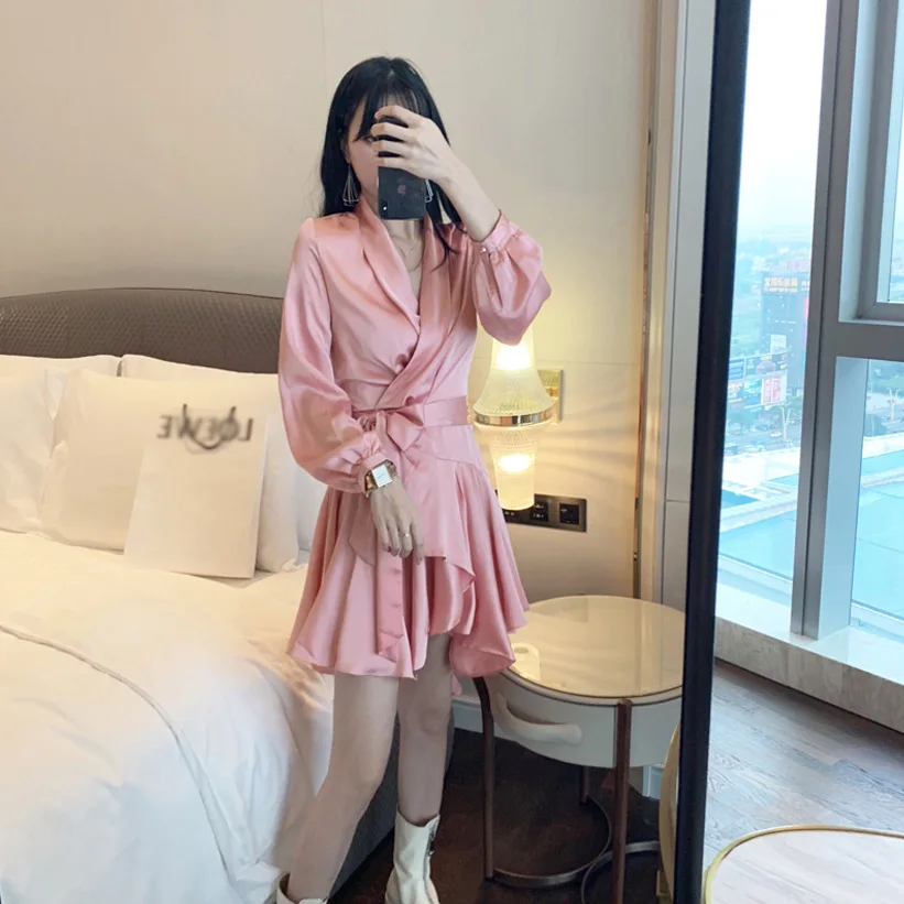 Женское мини платье с длинным рукавом повседневное однотонное оборками и