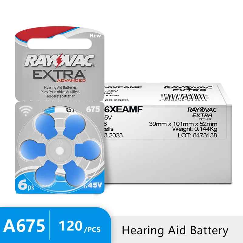 

120 PCS Rayovac Extra Hearing Aid Batteries Zinc Air 675A 675 A675 PR44 For Hearing aid