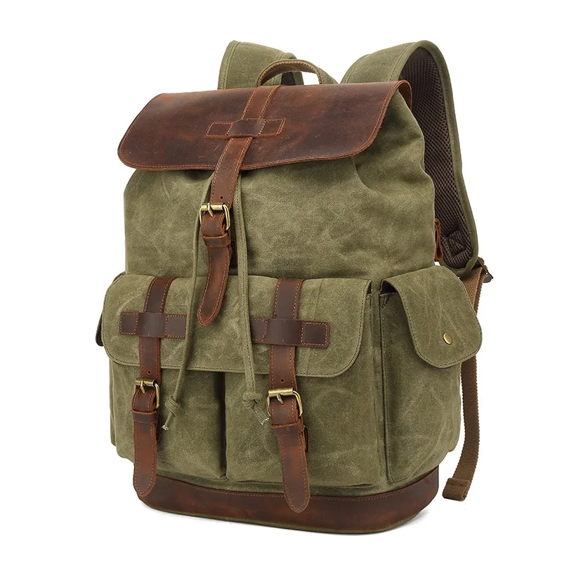 

Backpacks Men for Travel 14" Laptop Back Packs Multifunction Unisex Hard Oil Waxed Canvas Leather Backpacks Waterproof Backpack