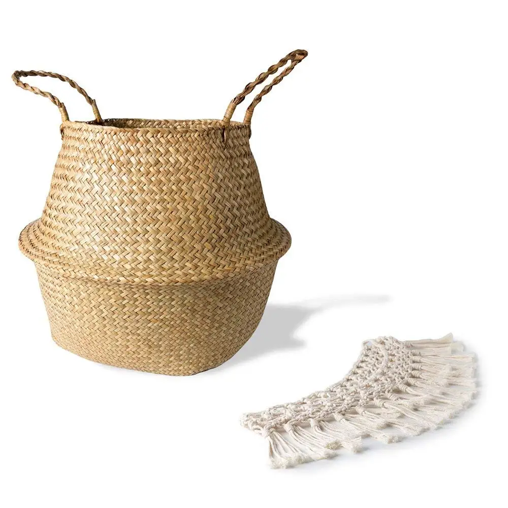 

32x28cm Fringed Macrame Woven Basket Folding Decorative Basket Garden Flower Pot Rattan Basket Home Organization Laundry Basket