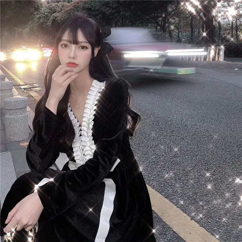 

Party French Hepburn Style Velvet New Spring Femme Dress Girls Bow Patchwork V-Neck Female Vintage Dresses Long Sleeve Black