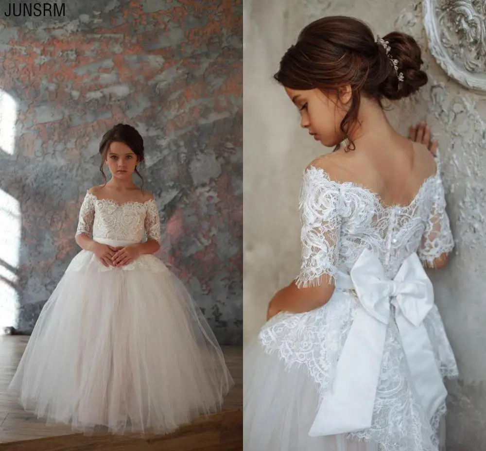 

2019 Lace Flower Girl Dress Cute Appliqued Open Back Princess Girl Birthday Party Gown Girl Formal Dresses