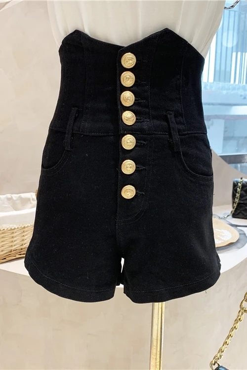 

High Waist Breasted Denim Shorts Women's 2021 Summer New Fashion Wild Shorts Female A Line Wide Leg Pants Hot Pants