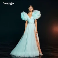 verngo mint green tulle a line long prom dresses ruffles tiered sleeves v neck slit long evening gowns 2021 fashion formal dress