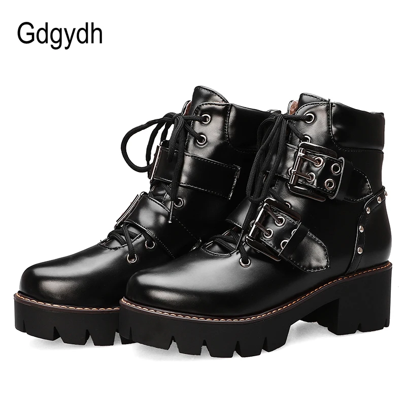 

Gdgydh Fashion Buckle Black Gothic Boots Woman Punk Lace-up Chunky Heels Ladies Short Boots Comfortable New Arrival Drop Ship