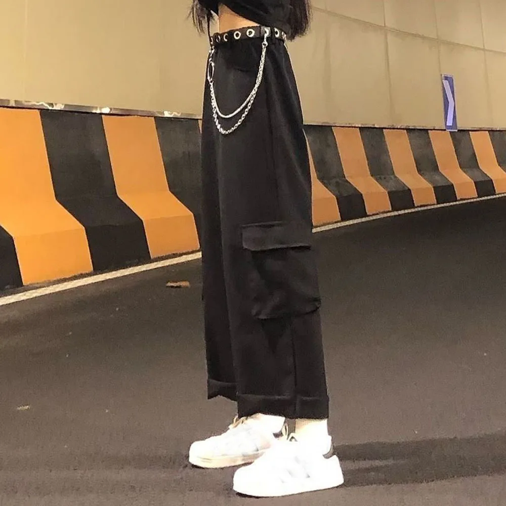 

BF Style Wide Leg Cargo Pants Women Streetwear Cool Gothic Fashion Preppy Style Pockets Jogger Black Sweatpants Loose