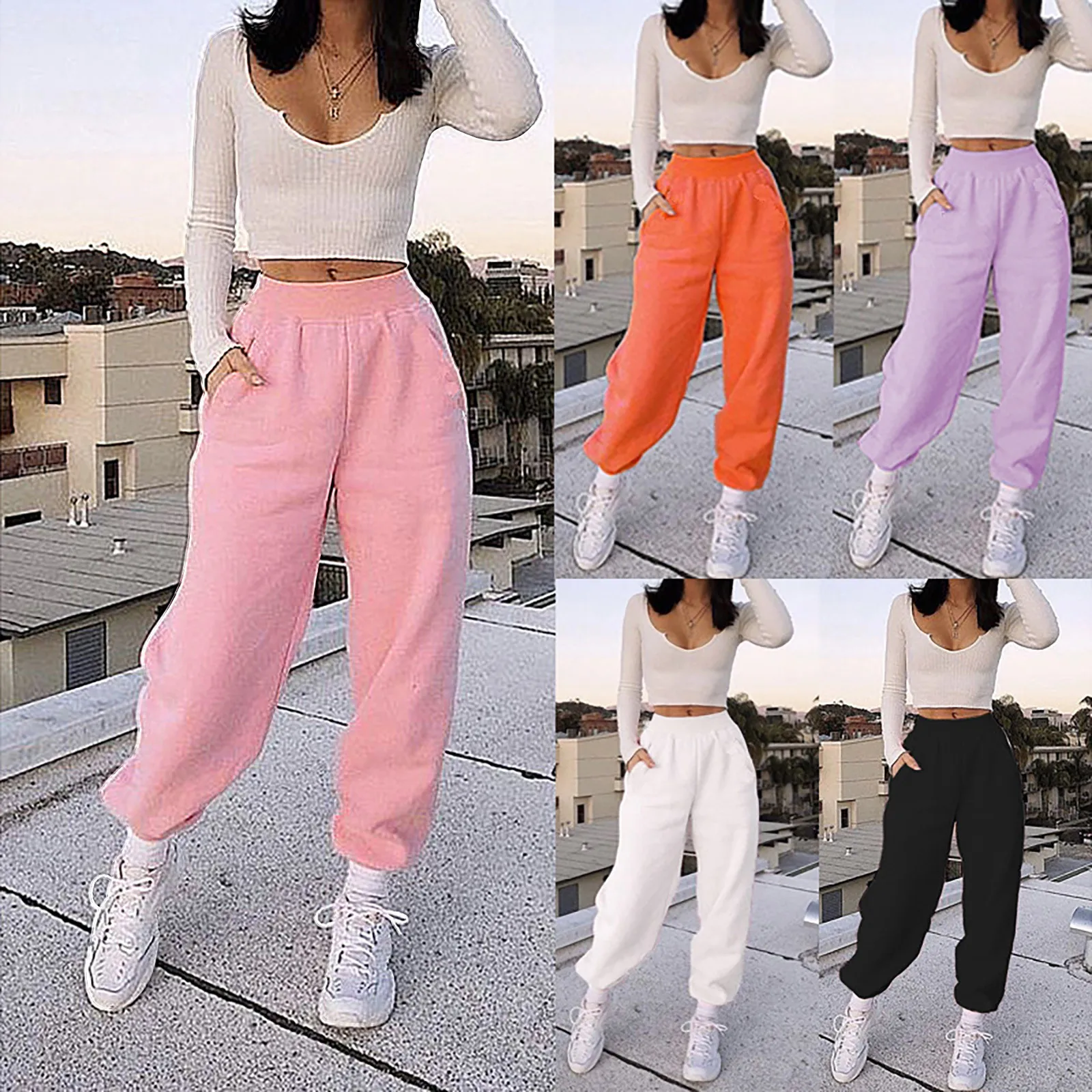 

Pantalones Lisos A La Moda Para Mujer Deportivo Harajuku Con Bolsillos Y Cintura Ropa De Calle Informal Talla Grande S- 2XL
