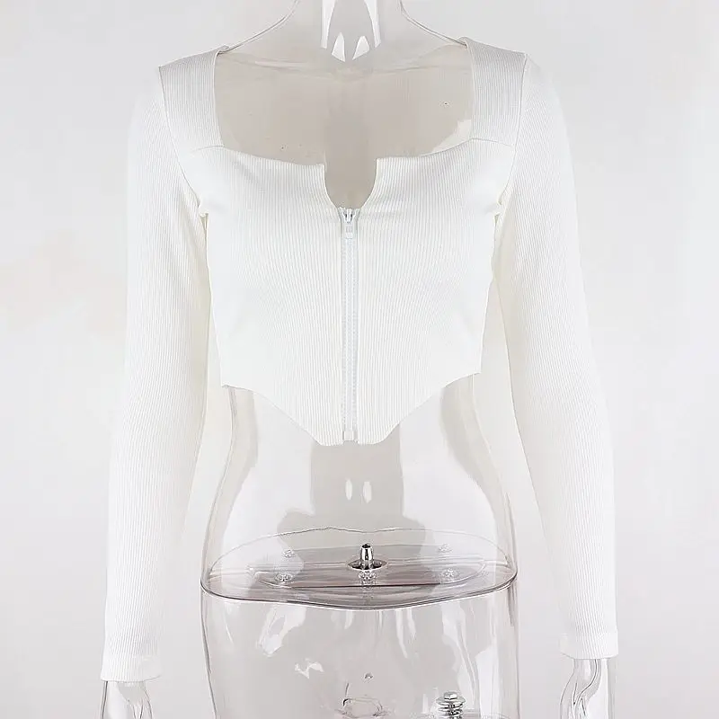 

Xeemilo Square Neck Zipper Cardigan Rib Knitted Long Sleeve New 2021 Top Women's Autumn Simple Student Irregular Navel T-shirt