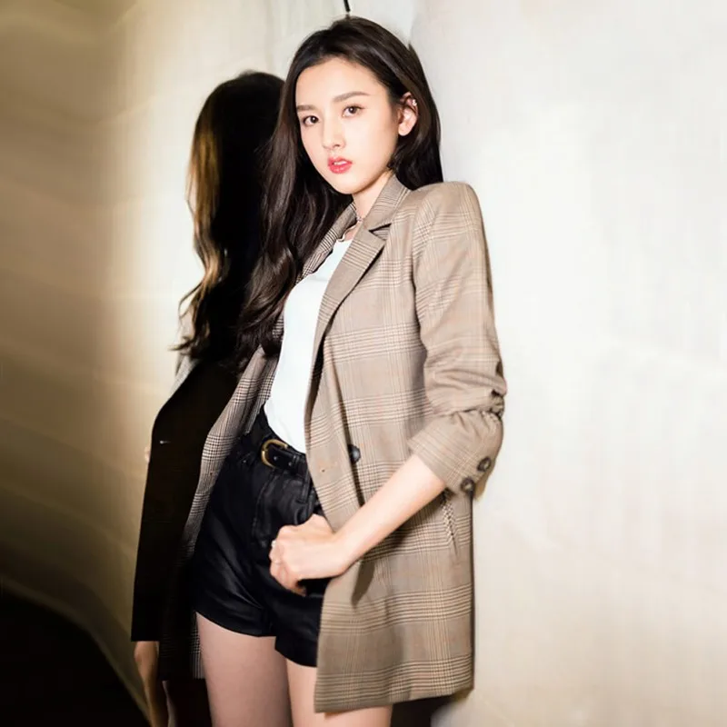 

Women Blazer Vintage Plaid Pockets Jackets Casual Long Sleeve Female Retro Suits Coat Blazer Outerwear