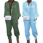 Осенний женский топ, брюки, спортивный костюм 2021, повседневный однотонный костюм, рубашка с длинным рукавом и V-образным вырезом, свободные длинные брюки, спортивная одежда