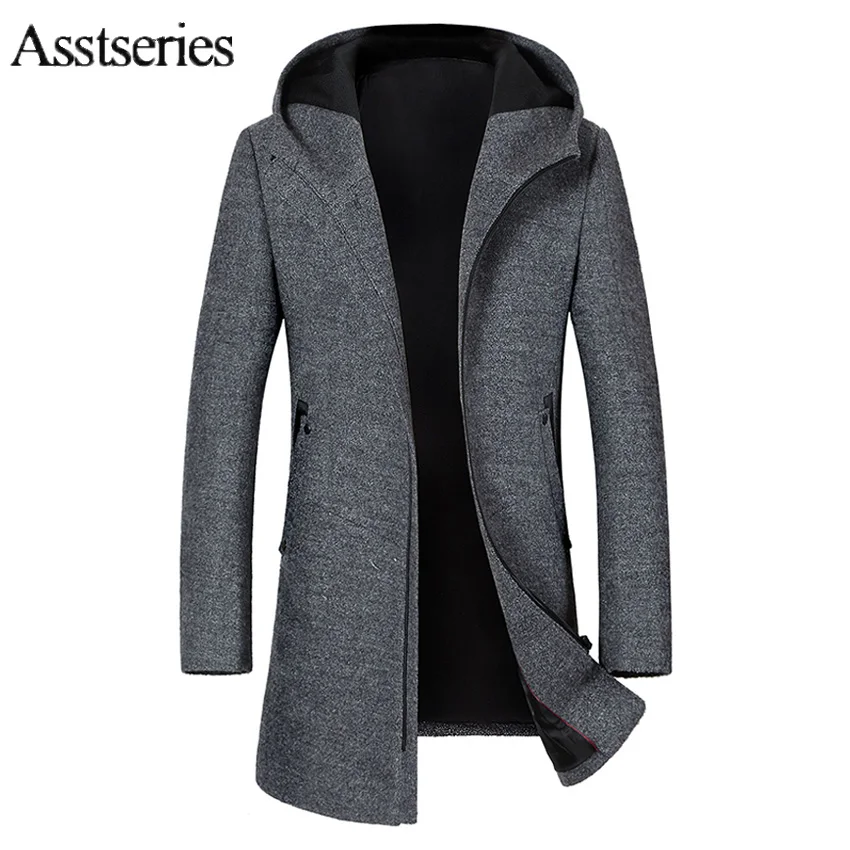 Брендовая мужская зимняя повседневная с капюшоном шляпа шерстяное пальто