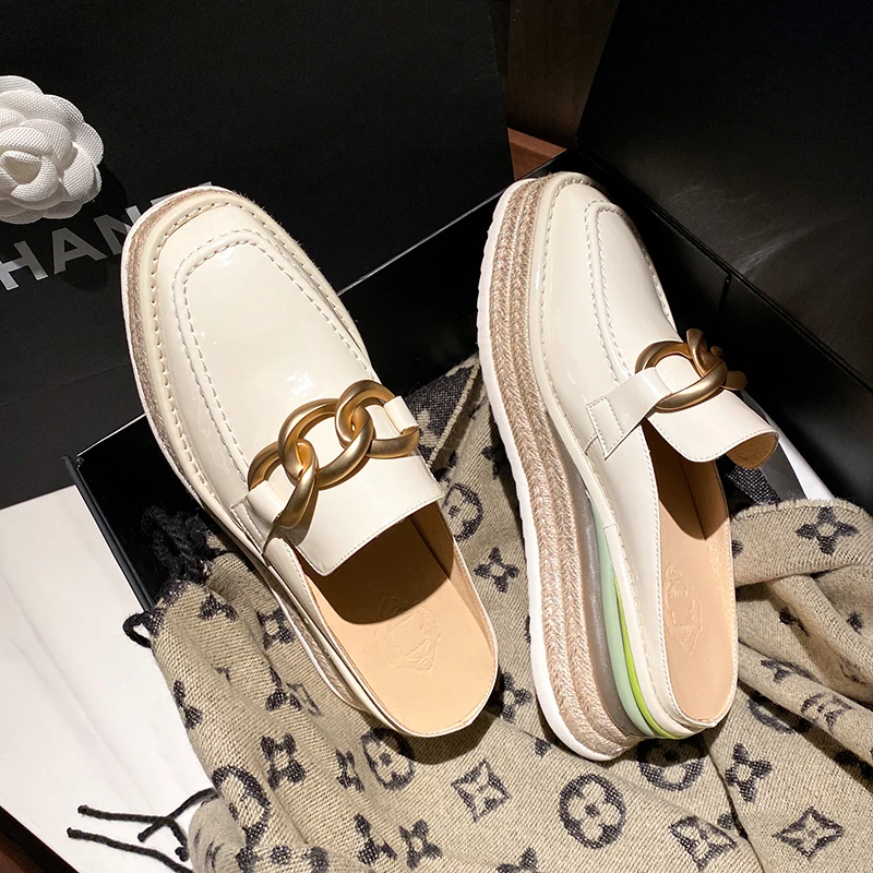 

Square Toe Shoes For Women Shallow 2021 Summer Metal chain Platform slippers Woman Genuine Leather Working Women Sandals