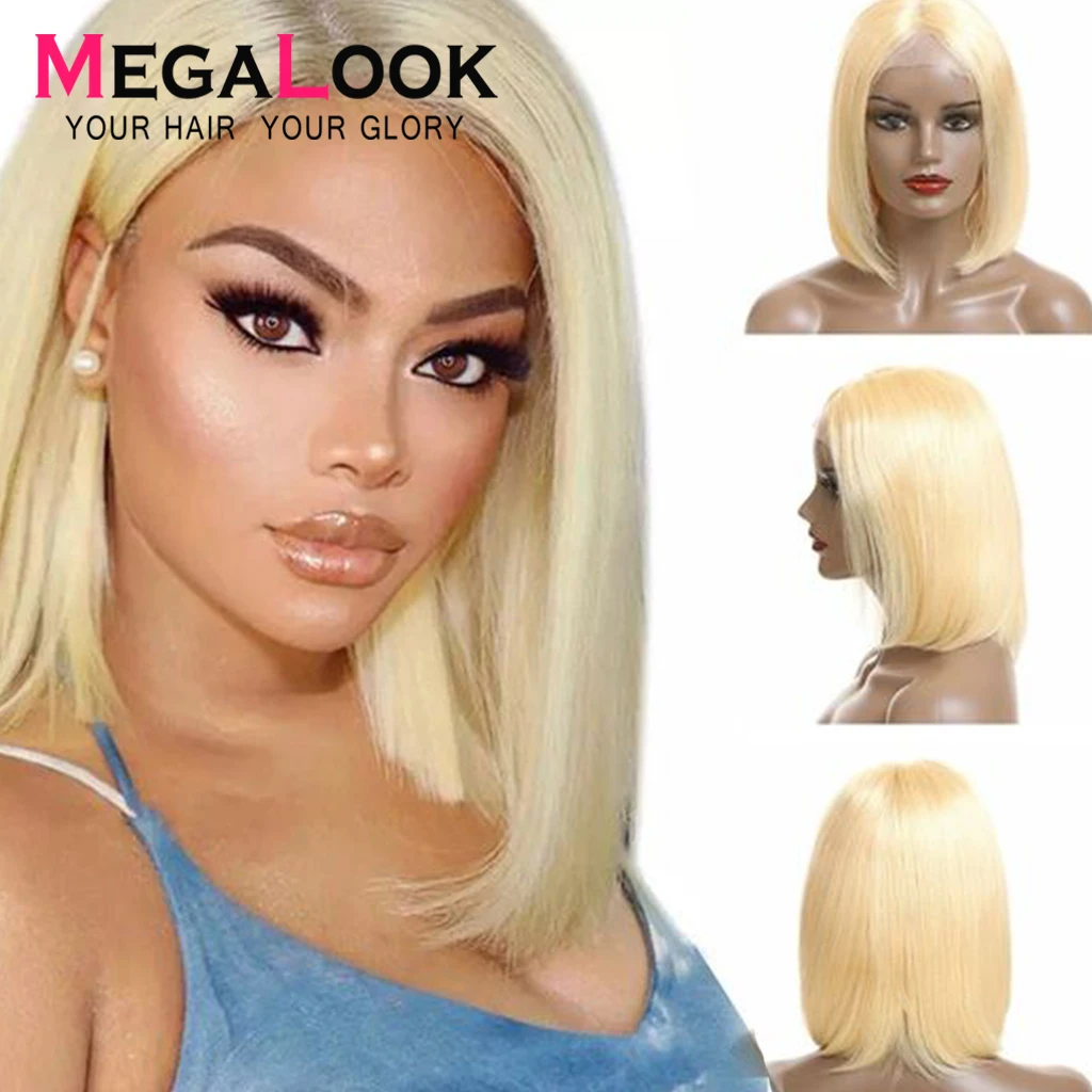 Прямой парик фронта шнурка блонд Боб Humain волосы Megalook Remy Hair13X4 короткие парики из