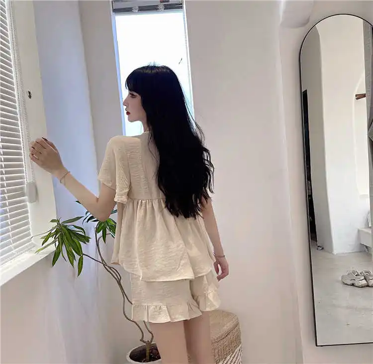 

France silky loose ice set of women's pajamas short sleeve pyjamas with v pullovers shorts 2 piece