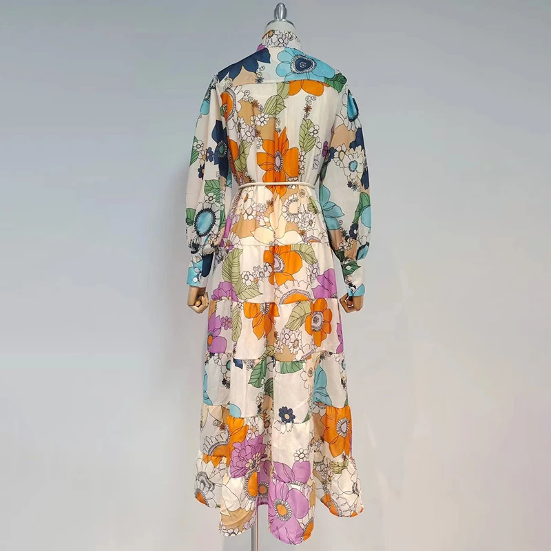 

Повседневное длинное платье на шнуровке с цветочным принтом, женские платья миди с отложным воротником и длинным рукавом и присборенной та...