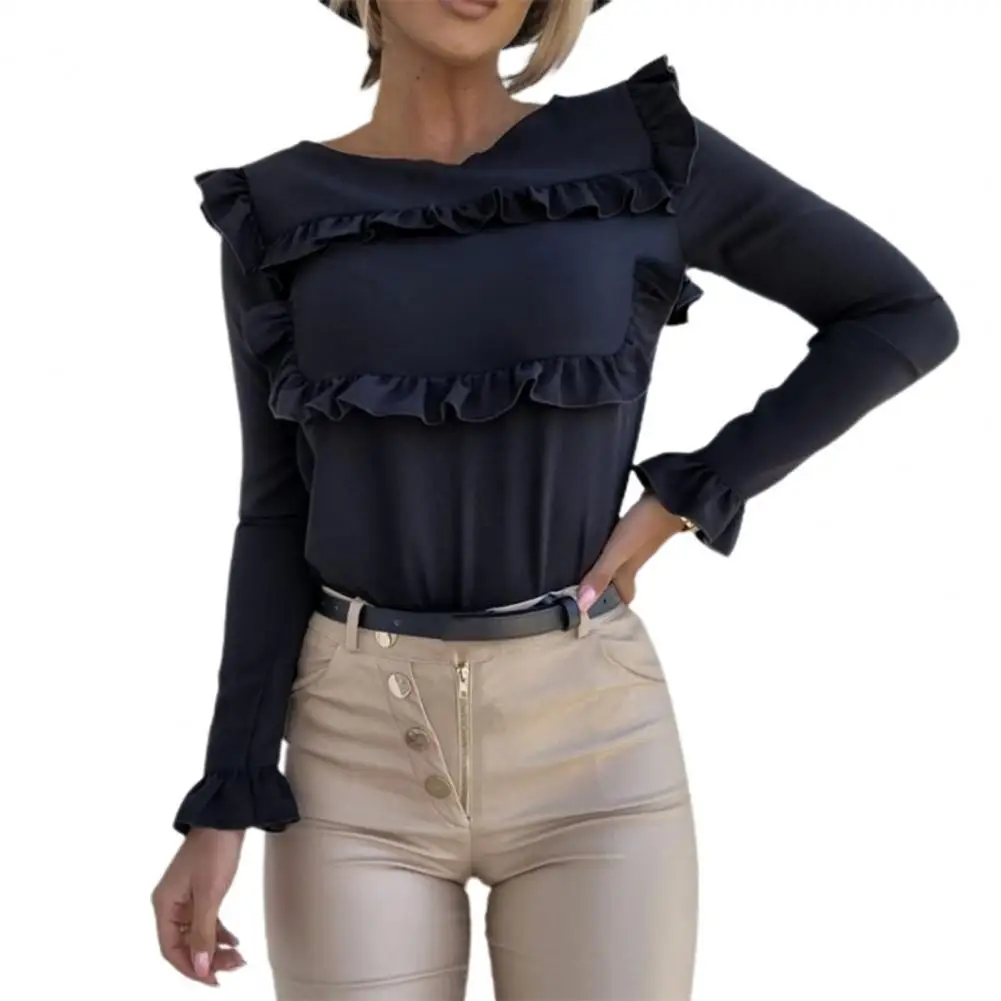 

Женская Осенняя рубашка 2021, элегантная рубашка с оборками, женская сексуальная новая модная облегающая футболка с длинным рукавом и круглы...