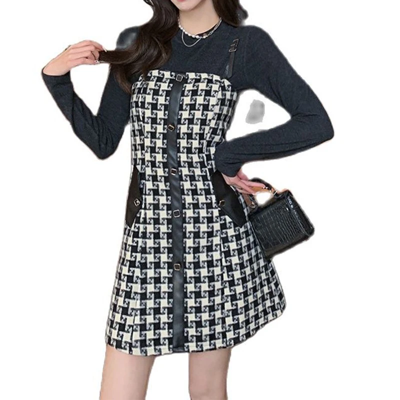 

2021 осень-зима шерстяная сарафан в клетку юбка + длинная рубашка с длинным рукавом модная женская одежда из двух частей