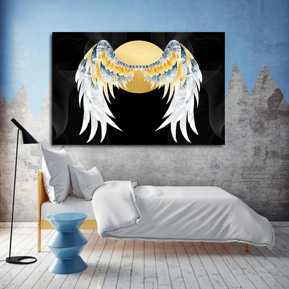 

Modern Abstract Art Golden Angel Wing Sun on Black Background Canvas Painting Wall Art Picture for Hotel Aisle Living Room Decor