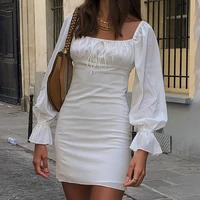 2020 autumn new slim bag hip square neckline shoulder chest pleated white dress dresses for women
