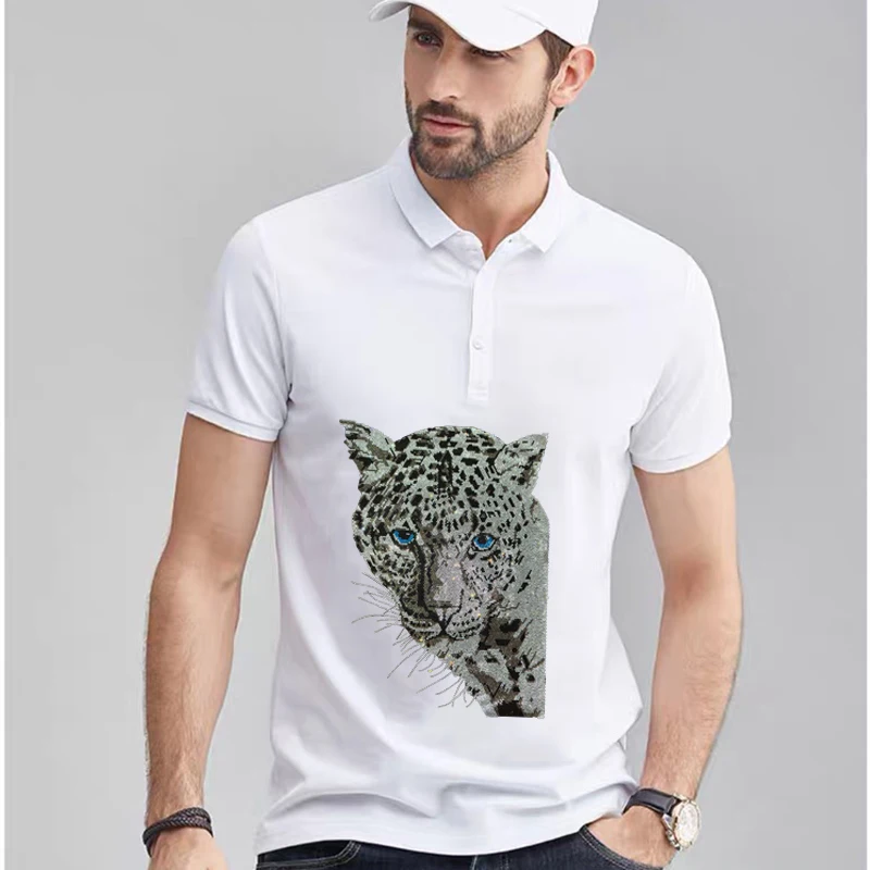 Spring And Summer Men's Polo Button Design T-Shirt Cotton Loose Hot Diamond Style Lapel Black White Short-Sleeved All-Match Top